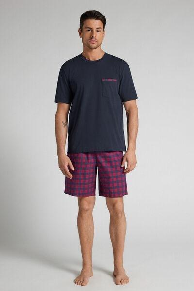 Navy Short Plain-Weave Cotton Pyjama Set, Intense Blue, large image number 0