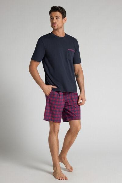 Navy Short Plain-Weave Cotton Pyjama Set, Intense Blue, large image number 1