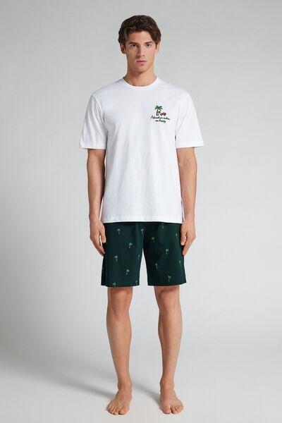 White Palm Tree Print Short Cotton Pyjama Set, White, large image number 0