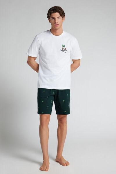 White Palm Tree Print Short Cotton Pyjama Set, White, large image number 1