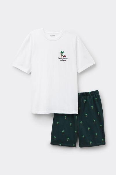 White Palm Tree Print Short Cotton Pyjama Set, White, large image number 2