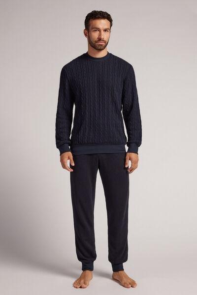 Blue Cable-Knit Tricot Full-Length Pyjamas Set, Midnight Blue, large image number 0