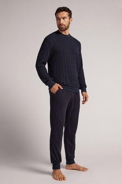 Blue Cable-Knit Tricot Full-Length Pyjamas Set, Midnight Blue, large image number 1
