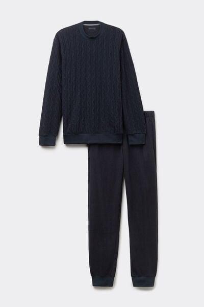 Blue Cable-Knit Tricot Full-Length Pyjamas Set, Midnight Blue, large image number 2