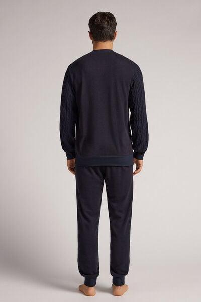 Blue Cable-Knit Tricot Full-Length Pyjamas Set, Midnight Blue, large image number 3