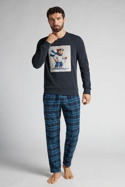 Navy Ski Bear Print Long Cotton Pyjama Set, Midnight Blue, large image number 1