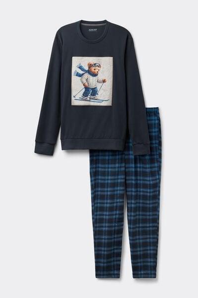 Navy Ski Bear Print Long Cotton Pyjama Set, Midnight Blue, large image number 2