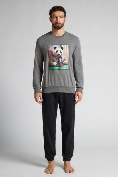 Grey Panda Print Long Cotton Pyjama Set, Graphite Grey Blend, large image number 0