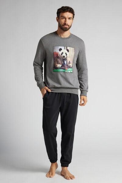 Grey Panda Print Long Cotton Pyjama Set, Graphite Grey Blend, large image number 1