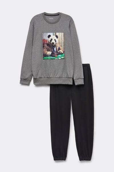 Grey Panda Print Long Cotton Pyjama Set, Graphite Grey Blend, large image number 2