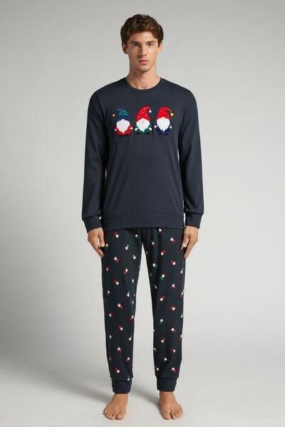 Navy Gnome Print Cotton Pyjama Set, Midnight Blue, medium