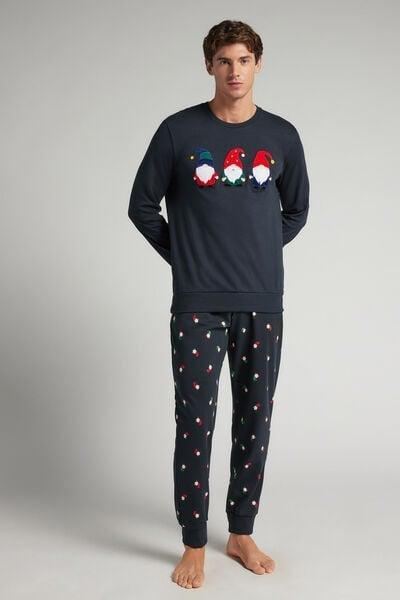Navy Gnome Print Cotton Pyjama Set, Midnight Blue, medium