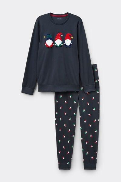 Navy Gnome Print Cotton Pyjama Set, Midnight Blue, medium