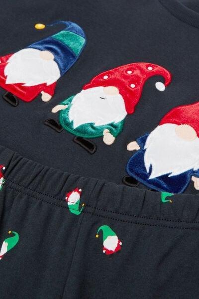 Navy Gnome Print Cotton Pyjama Set, Midnight Blue, large image number 4