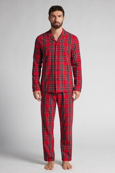 Red Long Linen Scottish Check Print Pyjama Set, B601_985J, large image number 0