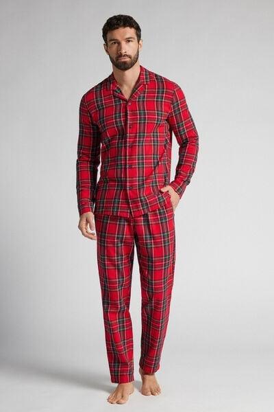 Red Long Linen Scottish Check Print Pyjama Set, B601_985J, large image number 1