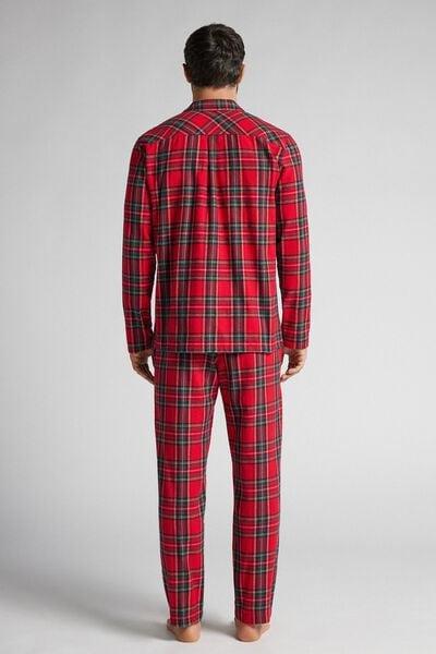 Red Long Linen Scottish Check Print Pyjama Set, B601_985J, large image number 3