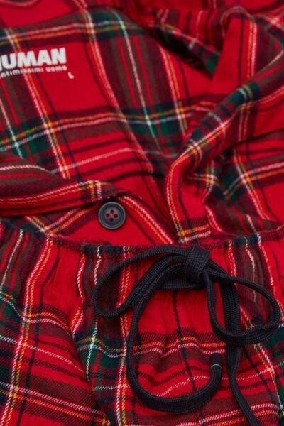 Red Long Linen Scottish Check Print Pyjama Set, B601_985J, large image number 4