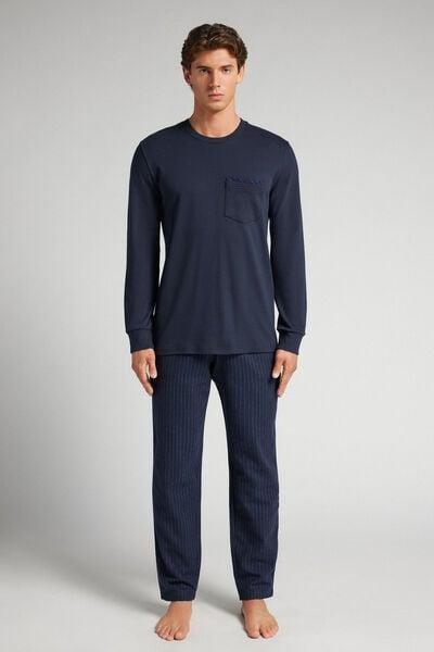 Navy Pinstripe Cotton Pyjama Set, Midnight Blue, large image number 0