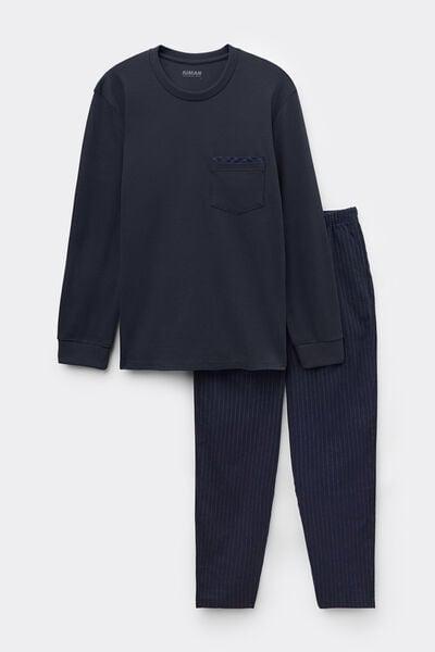 Navy Pinstripe Cotton Pyjama Set, Midnight Blue, large image number 2