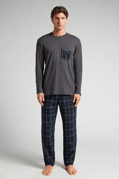 Beige Check Print Long Cotton Pyjama Set, B601_984J, large image number 0