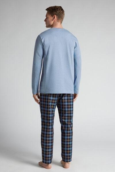 Blue Long Plain-Weave Cotton Pyjama Set, B601_073K, large image number 3