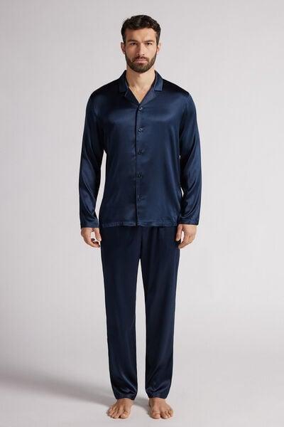 Navy Long Silk Pyjama Set, , large image number 0