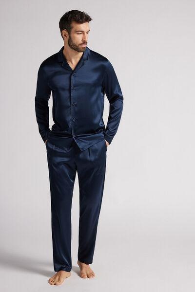Navy Long Silk Pyjama Set, , large image number 1