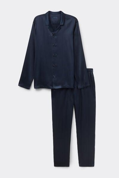 Navy Long Silk Pyjama Set, , large image number 2