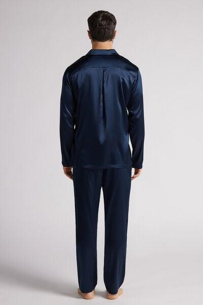 Navy Long Silk Pyjama Set, , large image number 3