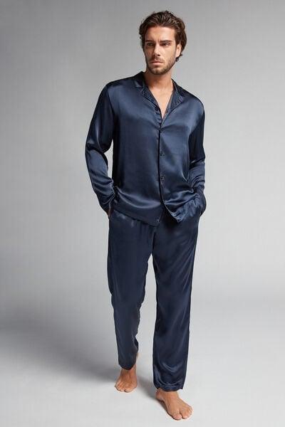 Blue Long Silk Pyjama Set, Midnight Blue, large image number 1