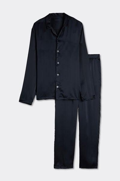 Blue Long Silk Pyjama Set, Midnight Blue, large image number 2