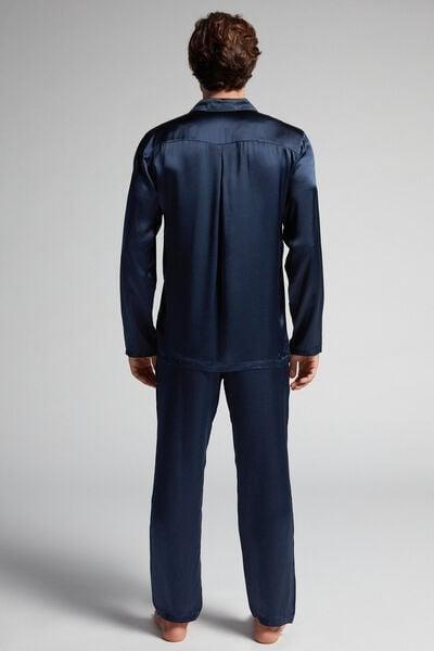 Blue Long Silk Pyjama Set, Midnight Blue, large image number 3