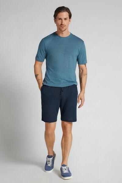 Blue Relaxed Fit 100% Linen Shorts, B601_585J, large image number 1