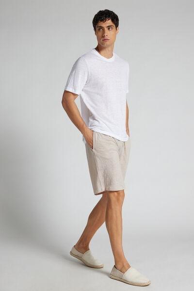 Beige Relaxed Fit 100% Linen Shorts, B601_959I, large image number 1