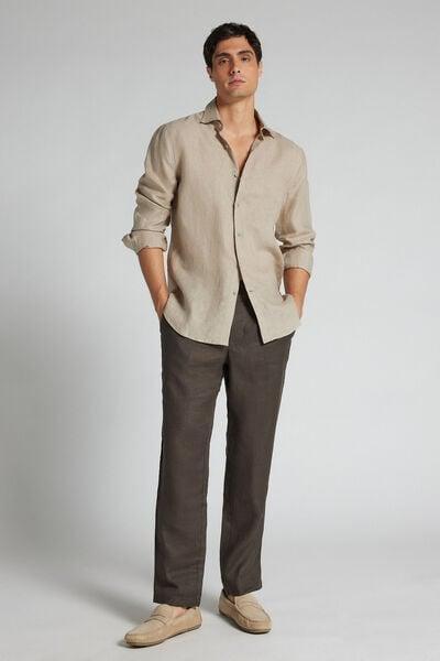Brown Regular Fit 100% Linen Pants, B601_132K, medium