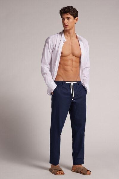 Navy Linen And Cotton Trousers, , large image number 1