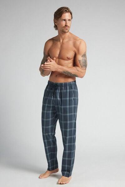 Navy Denim Check Print Pyjama Bottoms, B601_968J, large image number 1
