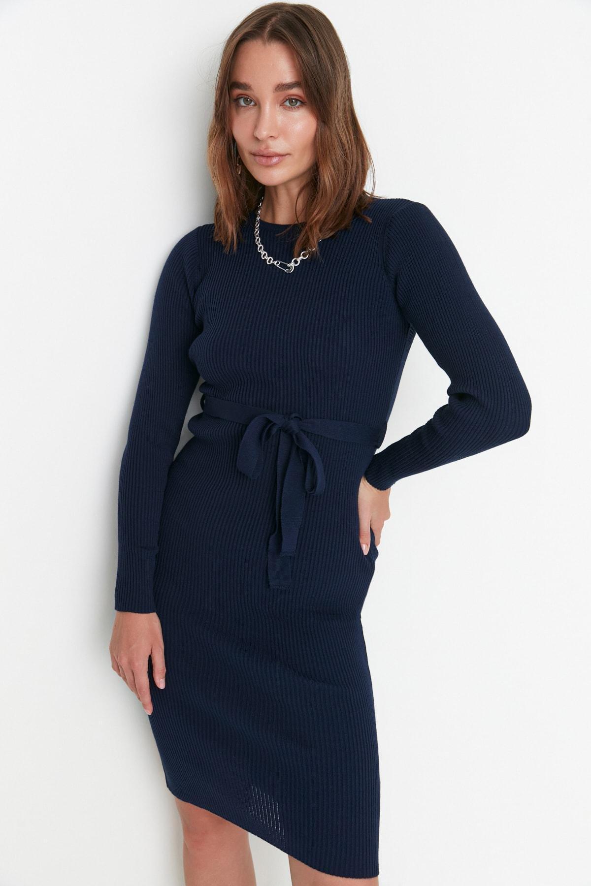 Navy Bodycon Crew Neck Dress, Dark blue, large image number 2
