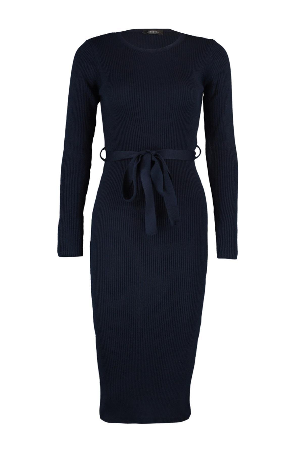 Navy Bodycon Crew Neck Dress, Dark blue, large image number 6