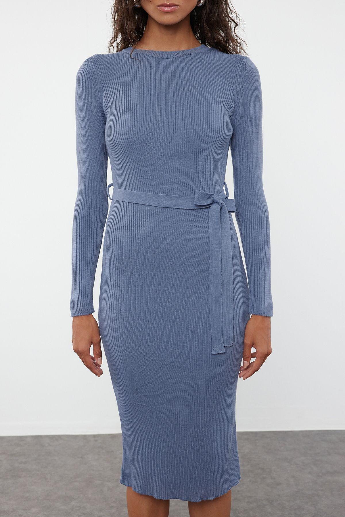 Blue Ribbed Sweater Midi Dress, Blue, medium