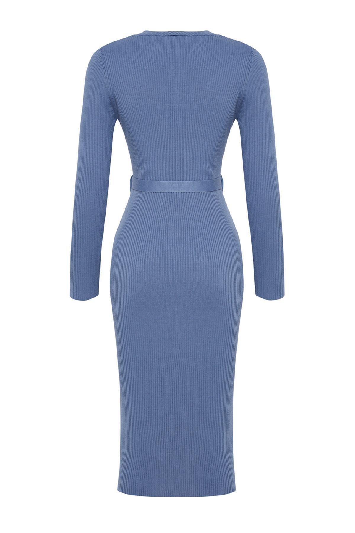 Blue Ribbed Sweater Midi Dress, Blue, large image number 5