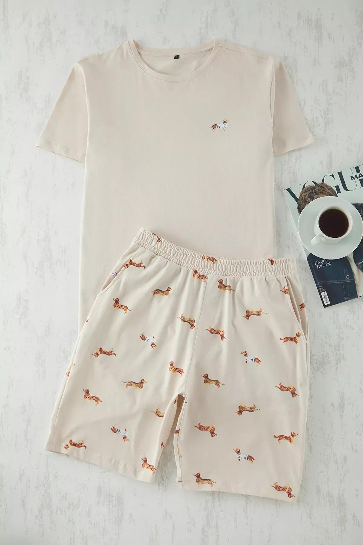 Beige Regular Fit Printed Pajama Set, , large image number 0