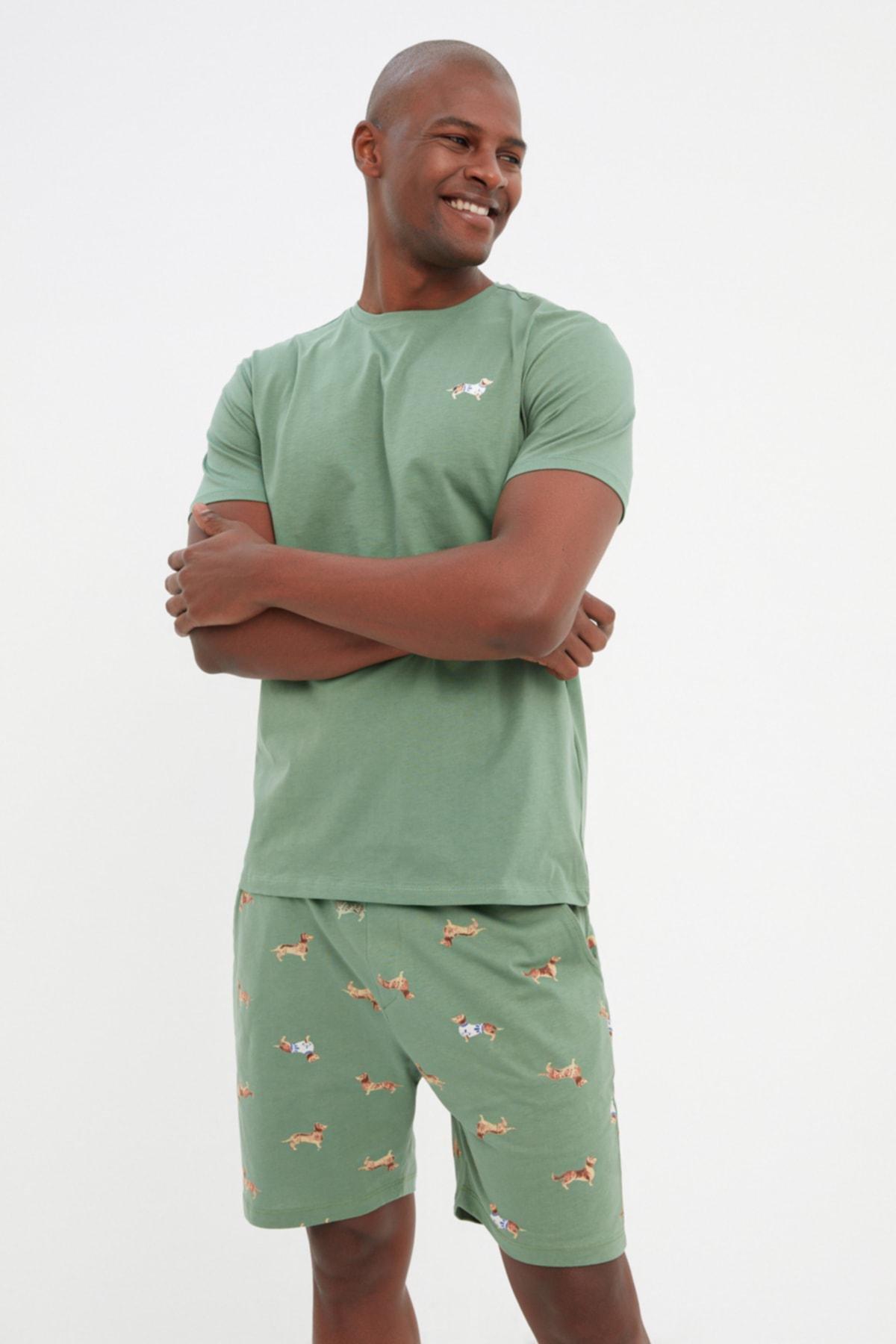 Green Printed Crew Neck Pajama Set, , large image number 0