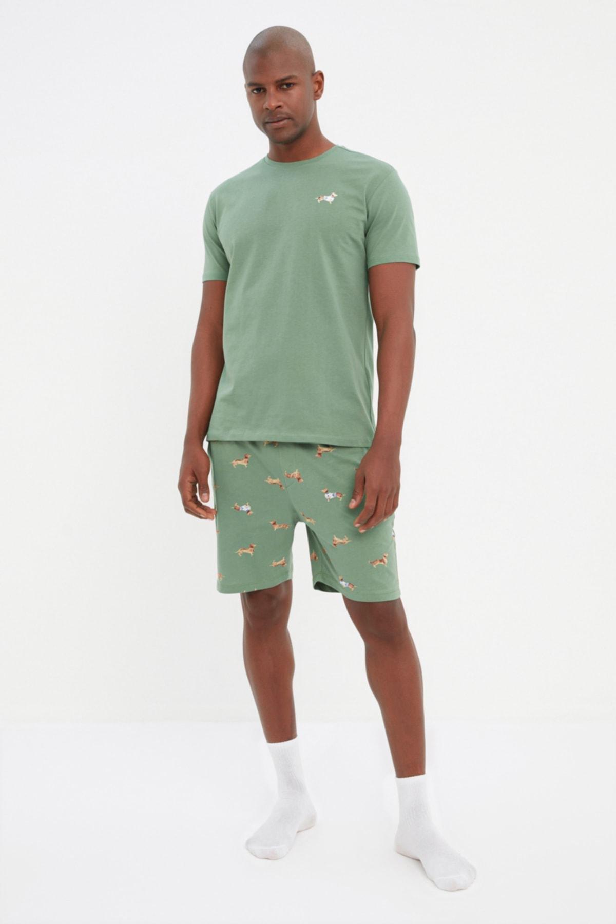 Green Printed Crew Neck Pajama Set, , large image number 1
