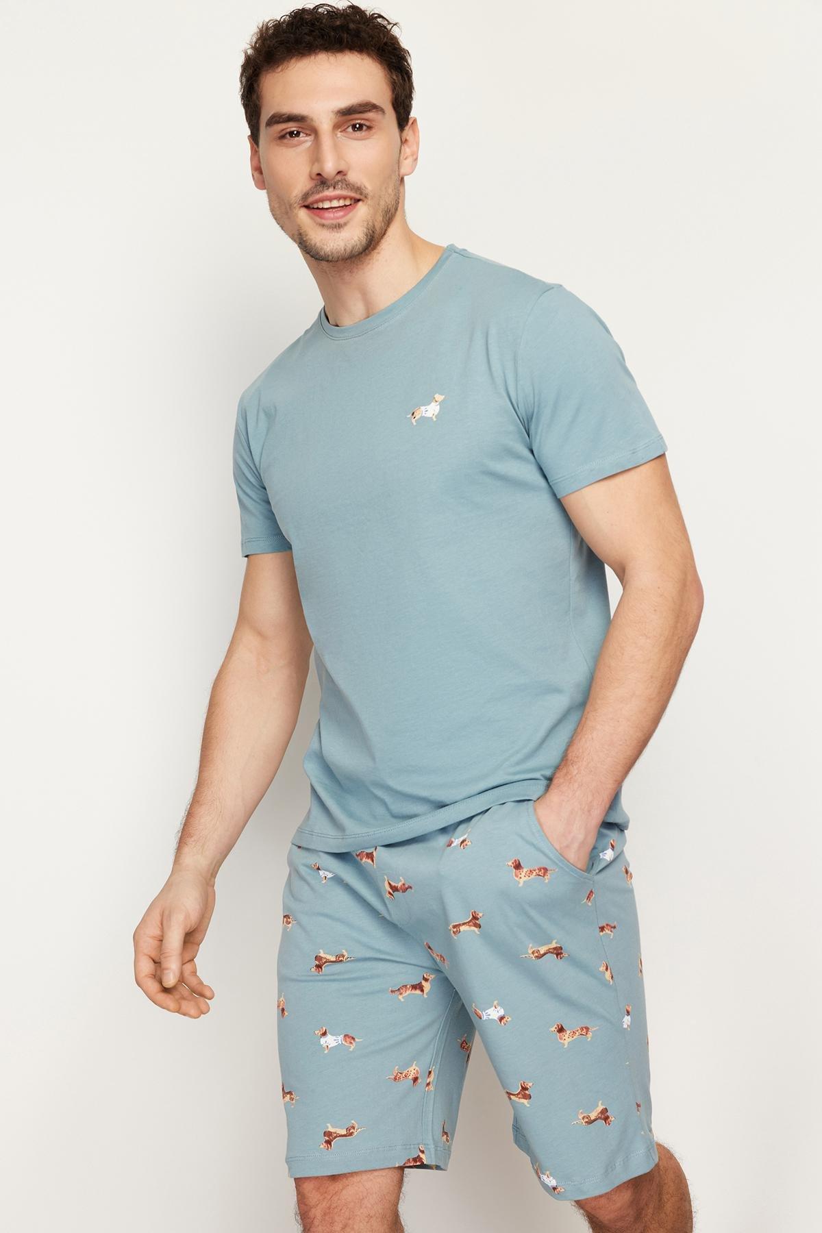 Blue Printed Knitted Pyjama Set, , large image number 0