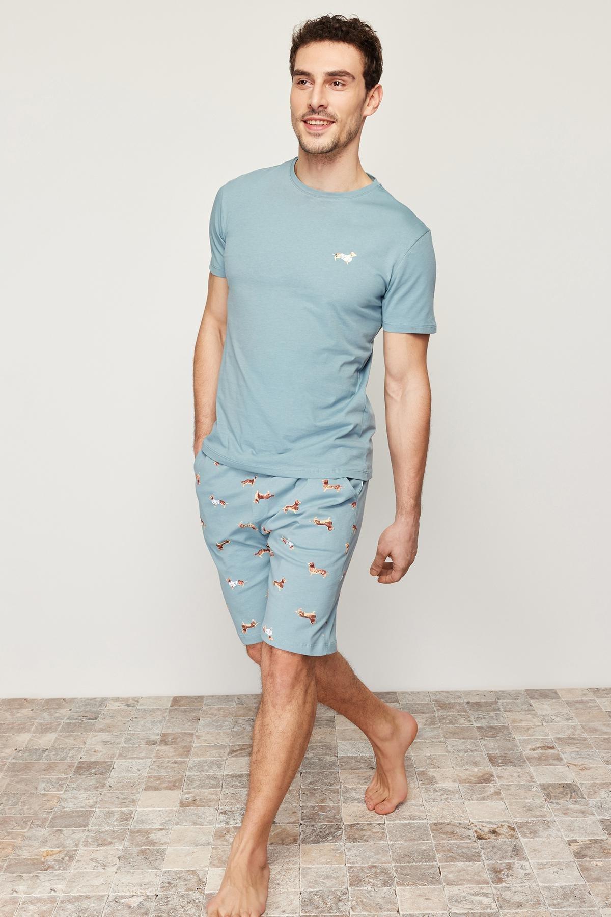 Blue Printed Knitted Pyjama Set, , large image number 1