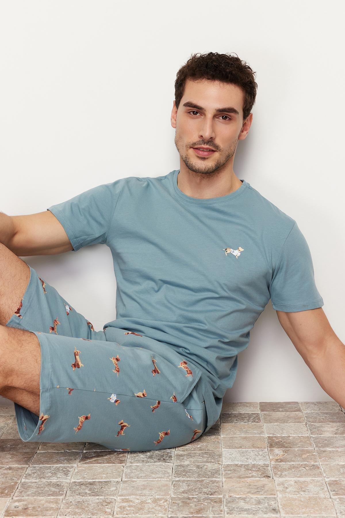 Blue Printed Knitted Pyjama Set, , large image number 2