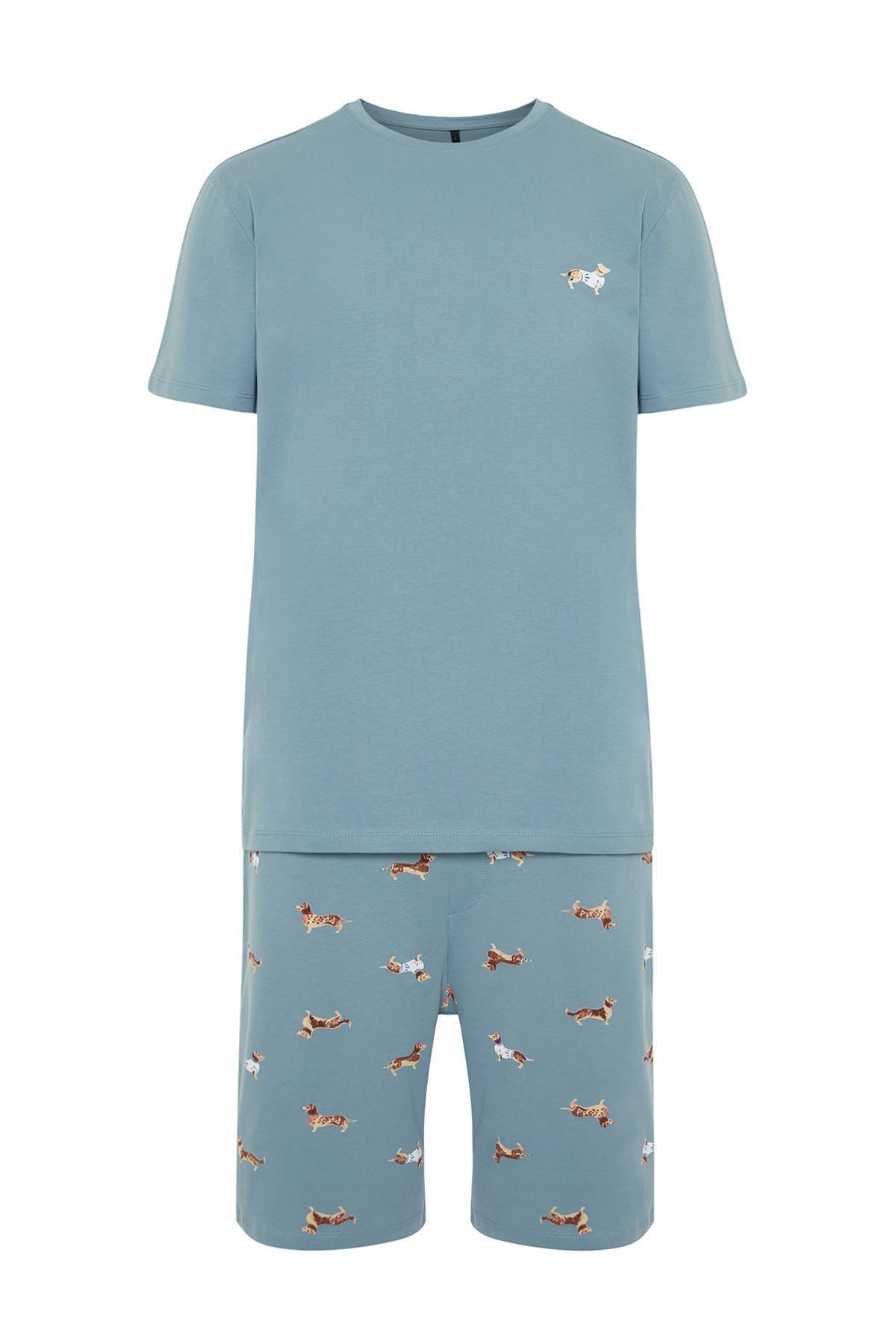 Blue Printed Knitted Pyjama Set, , large image number 5