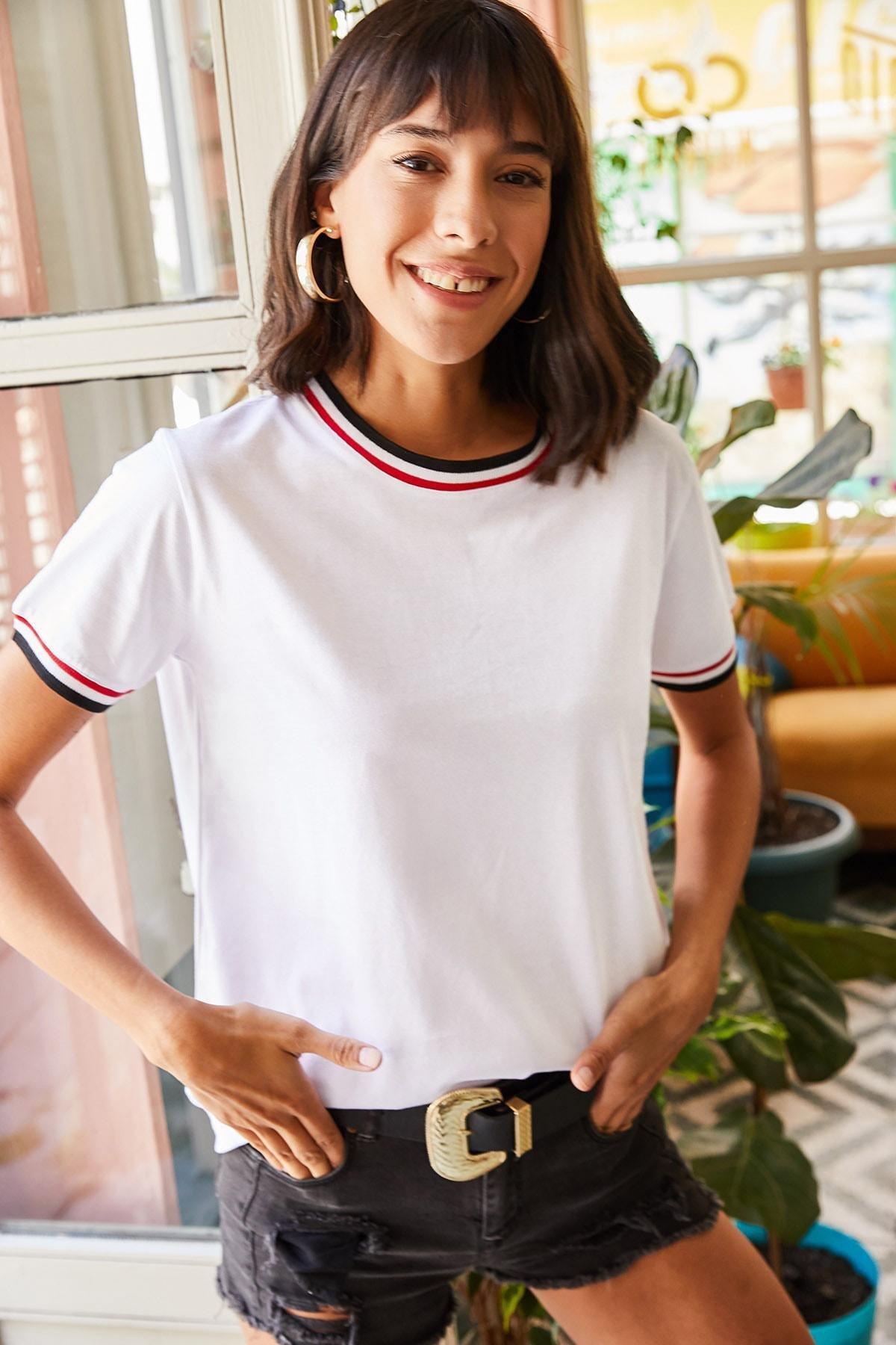 White Collared Detailed T-Shirt, White, medium